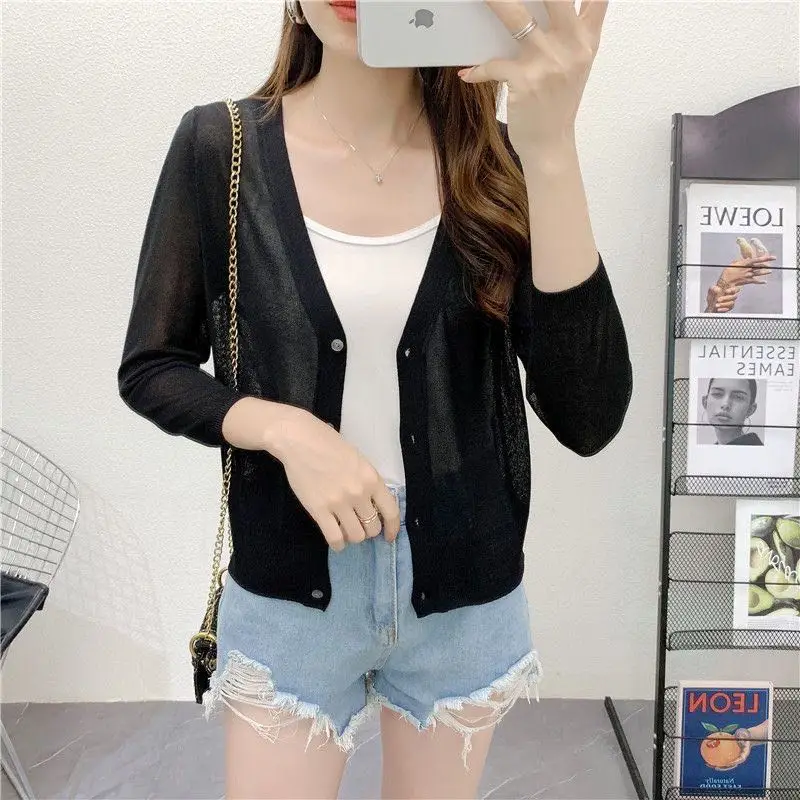 Spring/Summer Ice Linen Knitted Split Sleeve Cardigan Women's Versatile Office Air Conditioning Shirt Fashion Sunscreen Top
