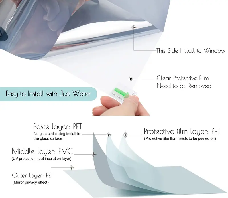 One Way Window Privacy Tint Film Anti Look Vinyl Mirror Self-adhesive Film Sun Blocking Anti UV Static Cling Stickers Home Decor - Image 3