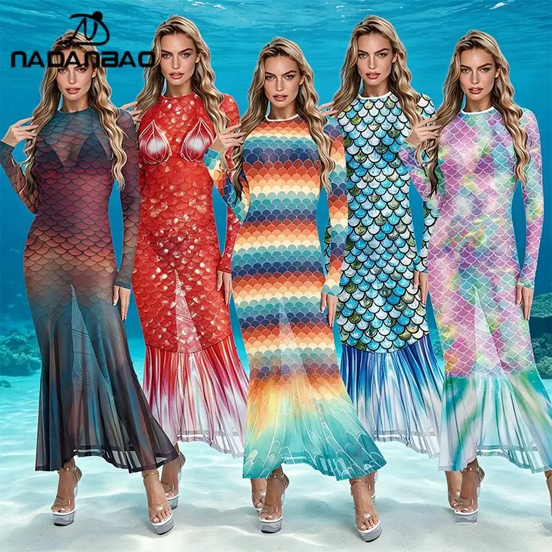 Nadanbao 3D Fish Scale Print Women's Dress Sexy Long Sleeve Mesh Dresses Summer Beach Cover-Ups Halloween Mermaid Cosplay Outfit 1