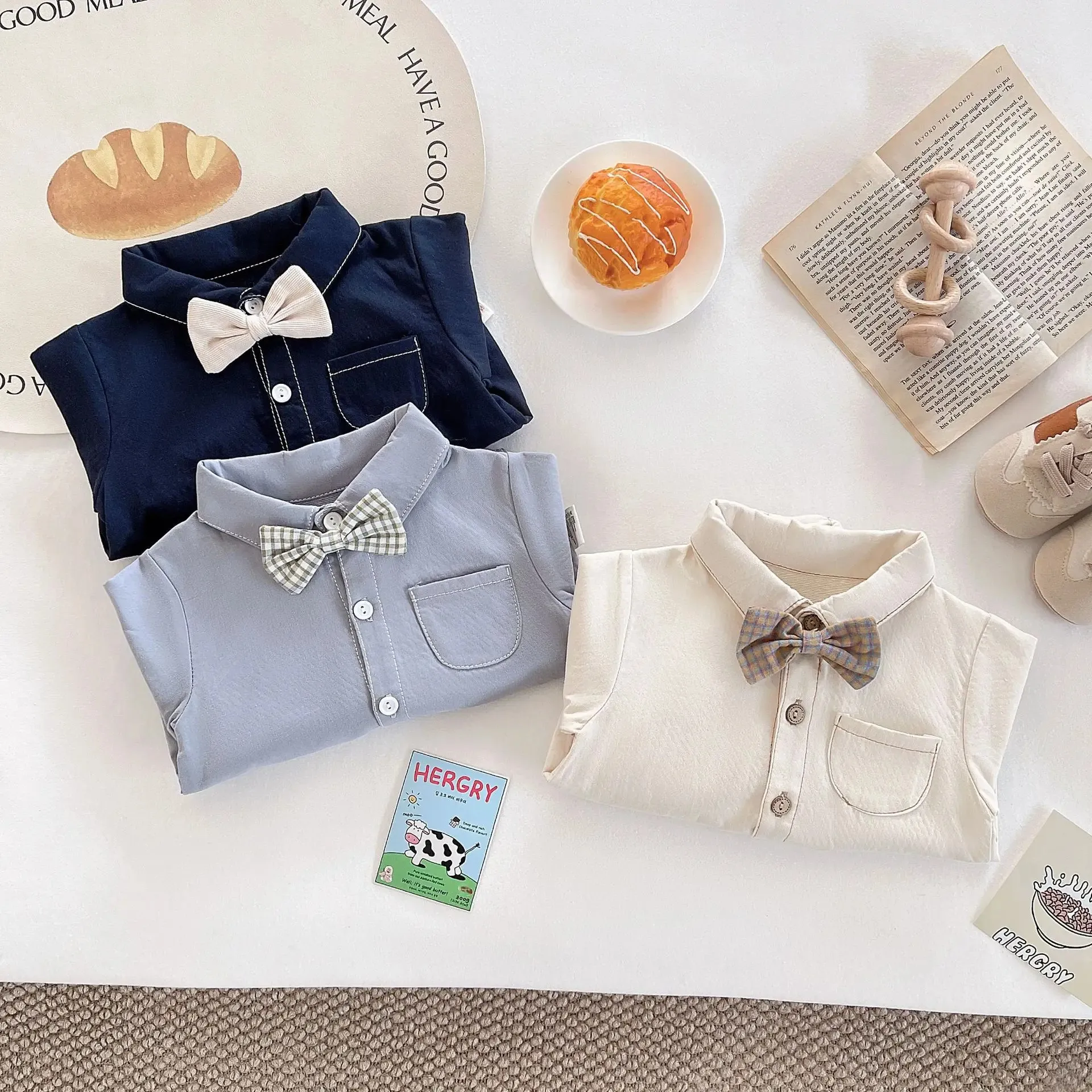 Long Sleeve Onesie with Bow Tie for Baby Boys Infant Gentleman Suit Korean Style Crawling Suit with Butt Cover 0-2 Years Old
