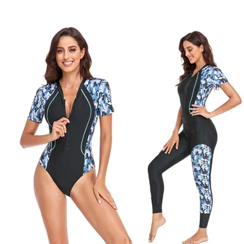 여성용 원피스 수영복, 반팔 래시가드, 여성용 잠수복, 운동 수영, 서핑, 지퍼, 전면 분리 수영복, 긴 바지
