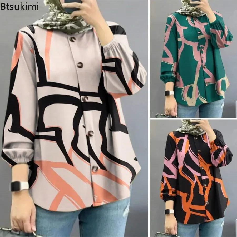 Fashion New Women Muslim Abaya Printed Blouse Women Long Sleeve Casual Vintage Tops Ramadan Abaya Shirt Islamic Clothing Blusas