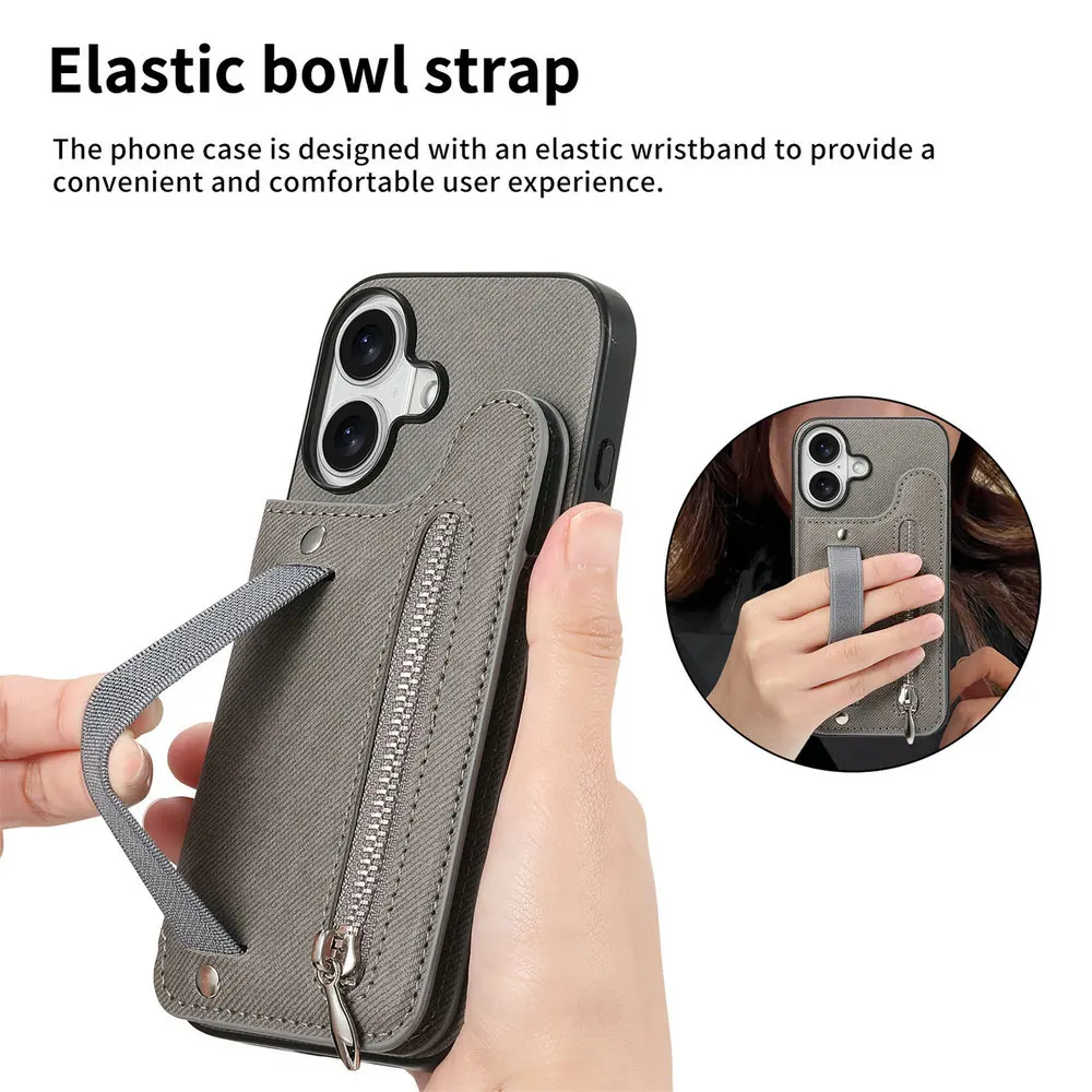 Luxury RFID Leather Flip Case with Zipper Card Holder and Elastic Strap