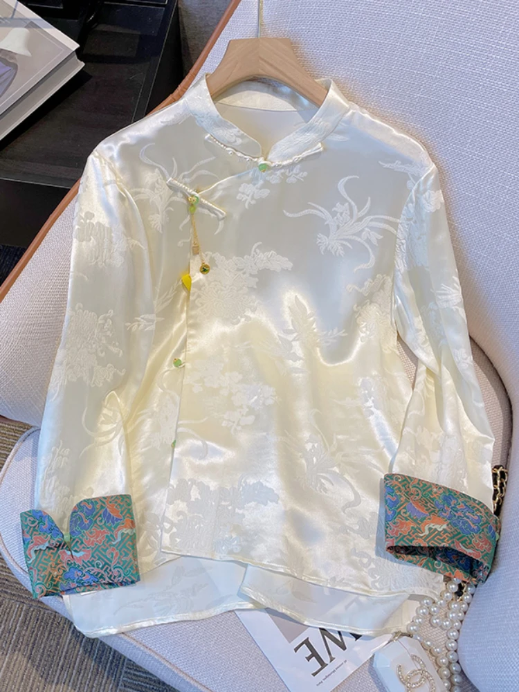 Satin Women's Shirt Chinese style Vintage Blouses Spring/Summer Clothing Loose fashion Long sleeves Floral Silk tops