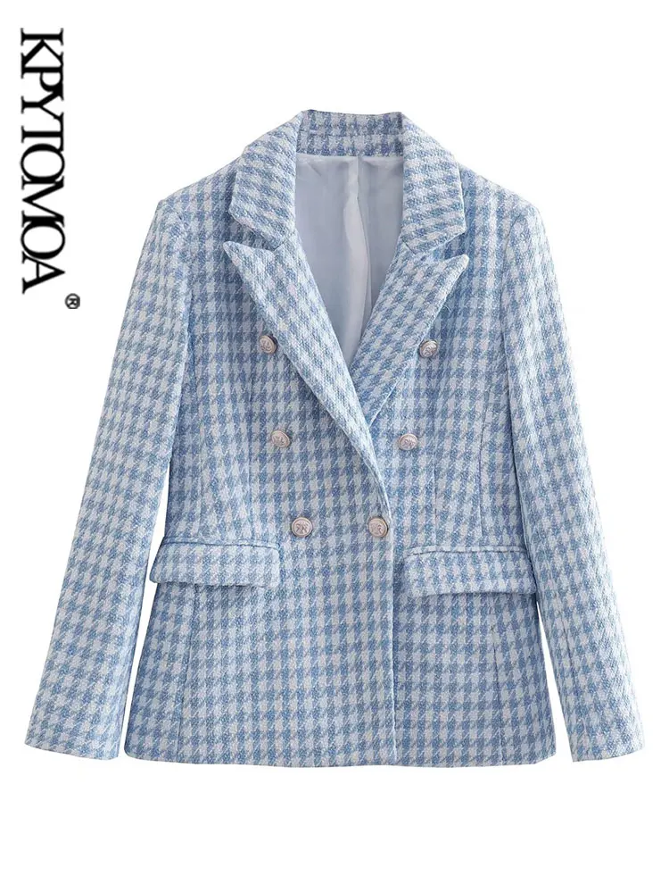 

KPYTOMOA Women Fashion Houndstooth Double Breasted Tweed Blazer Coat Vintage Long Sleeve Flap Pocket Female Outerwear Chic Veste