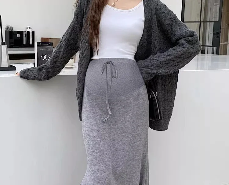 Korean Style Maternity Knitting Dress High Waist Drawstring Fashion Pregnant Woman Fishtail Skirt Slim Pregnancy Maxi Skirt 88cm