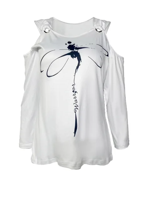 Fashion Floral Print Blouse T-shirt Woman 2024 Metal Buckle Off Shoulder Long Sleeve Top Casual Office Tee Female Streetwear 6