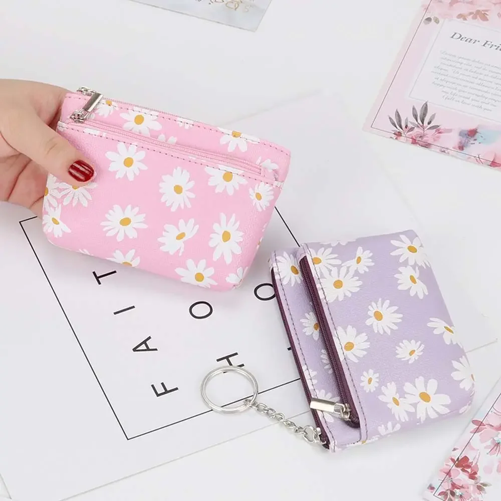Daisy Print Coin Purse Women Wallets Clutch Zipper Keychain Small Coin Pouch Key Card Holder