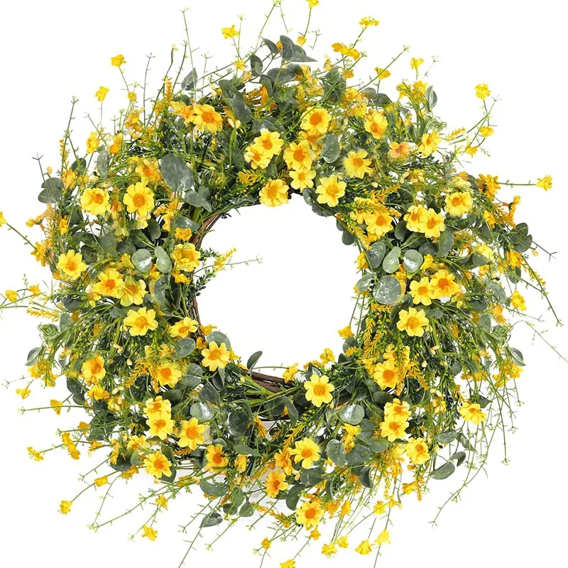 

BEAU-Yellow Daisy Wreath Spring Wreath Fake Floral Wreath With Green Eucalyptus Leaves For Front Door Wall Farmhouse Decor