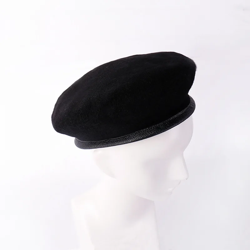 Custom Logo Large Unisex Wool Beret Caps Men Solid Color Pu Edge Army Woolen Beanies Adjustable French Artist Warm Boinas Hats 5