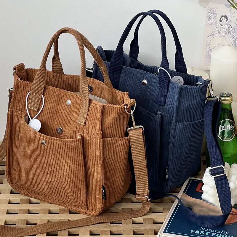 Hylhexyr Solid Color Women's Corduroy Shoulder Bag 2022 Fashion Handbag Messenger Bags Casual Tote With Pockets