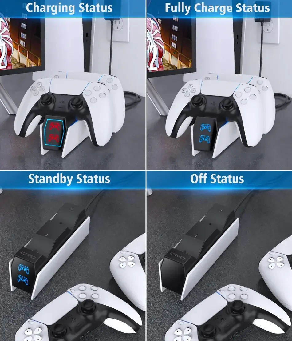 PS5 듀얼 컨트롤러 충전 도킹 스테이션(미국 플러그 포함) - Playstation 5 무선 게임패드용 고속 충전기, 과열 방지