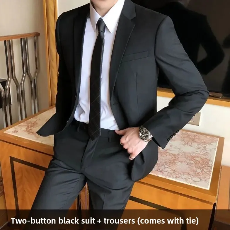Two-button black suit + pants + tie