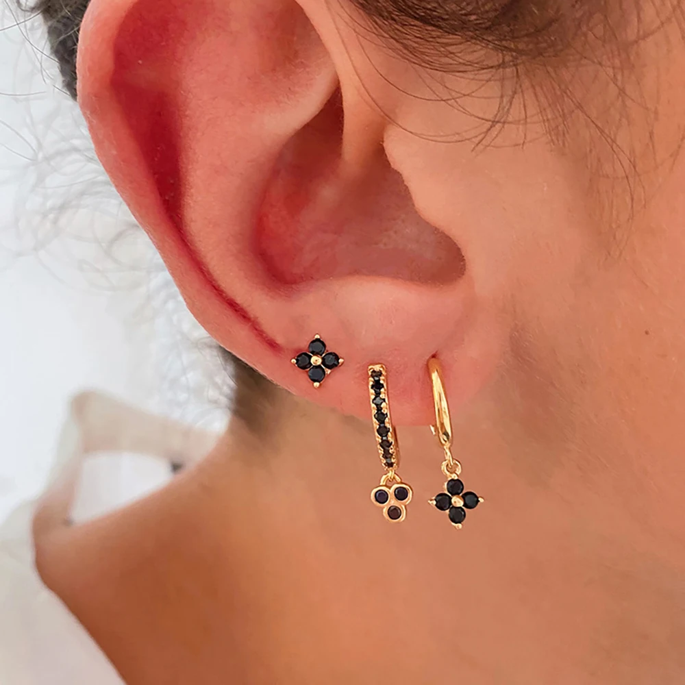 Pendientes Mujer - Pack 3 Pares (flor 5mm, Aros Lisos 14mm, Aros Con Circonitas), Hipoalergénicos, Baño Oro 14k