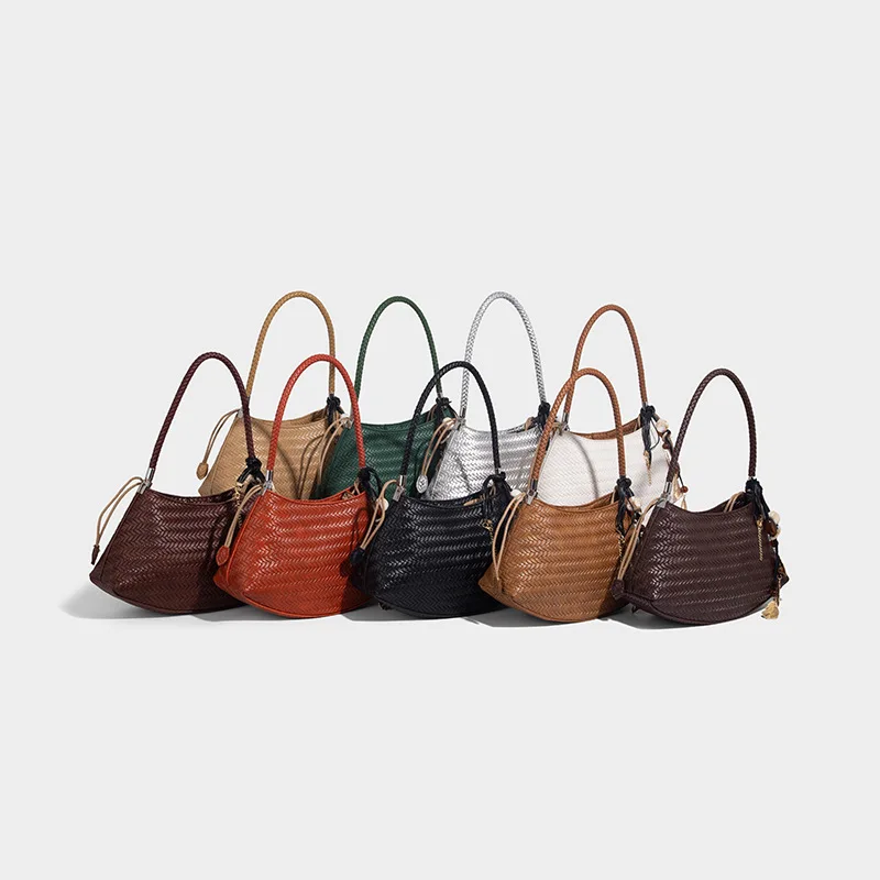 Handmade Weave PU Drawstring Tote Bags For Women Luxury Designer Handbags Purse 2025 New Vintage With Inner Pocket Shoulder