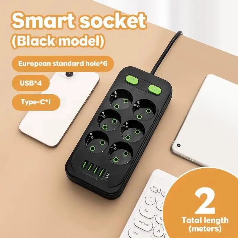 Power Strip EU Plug AC Outlet Multitap Power Strip 2m Extension Cord Electrical Socket Smart USB Home Office Surge Protector Network Filter