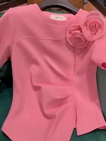 Oversized three-dimensional rose flower pleated slimming top, round-neck women's short-sleeved T-shirt