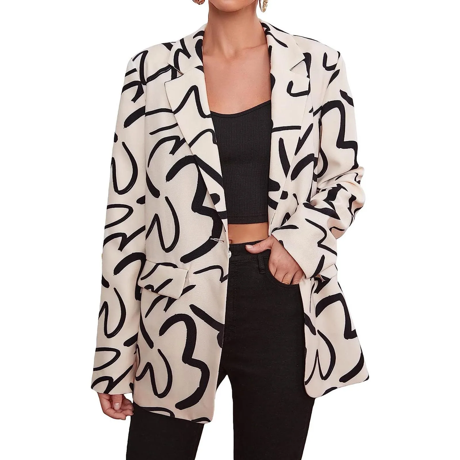 

Pattern Letter Print Jacket Women Autumn Long Sleeve Lapel Jacket