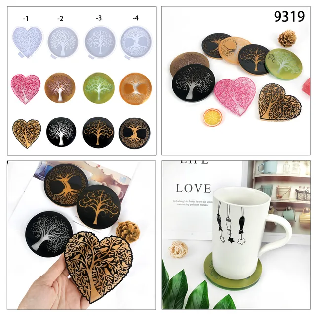 Stampo in resina per albero della vita a forma di cuore Stampo in silicone per resina epossidica per sottobicchiere per albero fai da te Decorazione da tavolo Tappetini per tazze Stampi in silicone 5