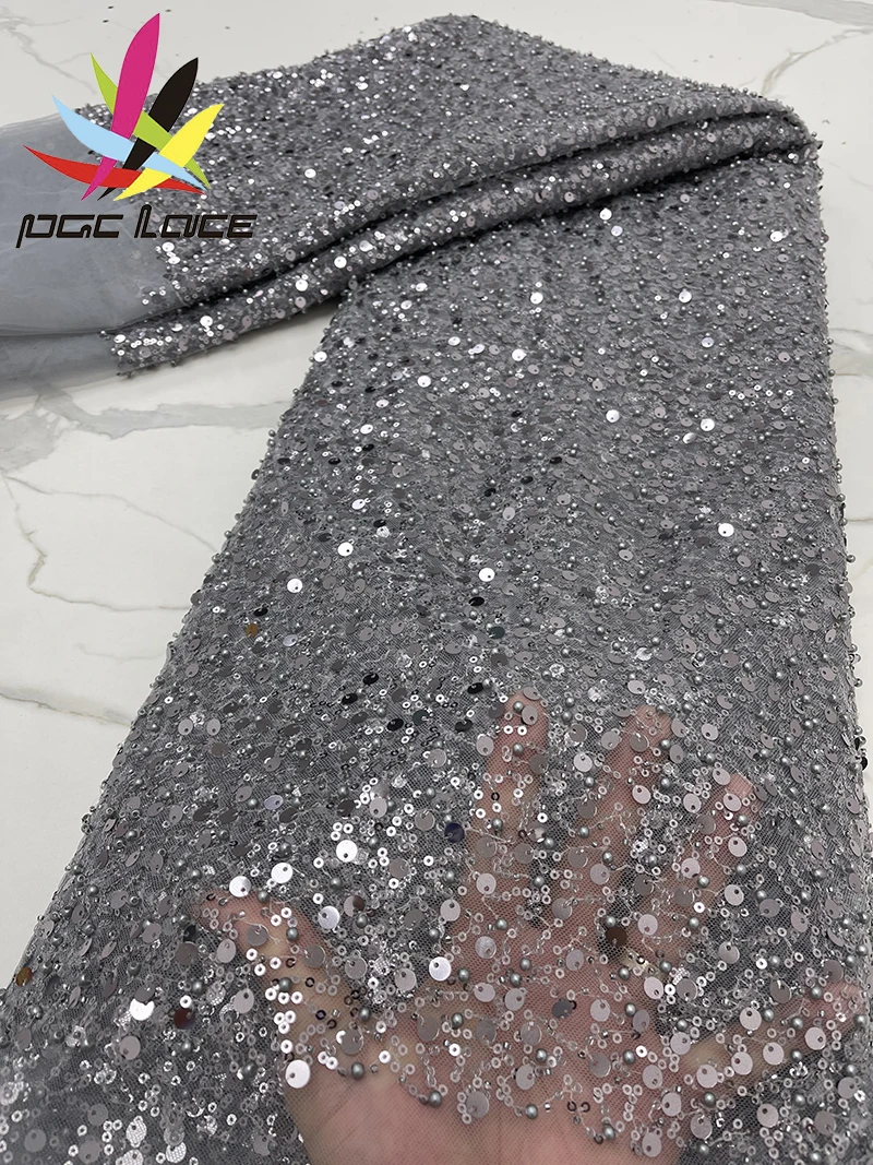 PGC Heavy Silver Sequins Lace Fabric Bead Bridal Dress Evening Dress French Lace 5 Yards lace fabric