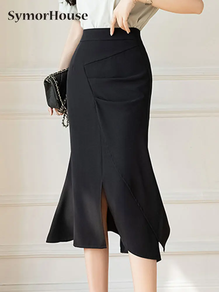 

Summer Autumn Vintage Pink Ruffles Mermaid Skirts Women High Waist Elegant Folds Split Irregular Midi Skirts Faldas Jupe Femme