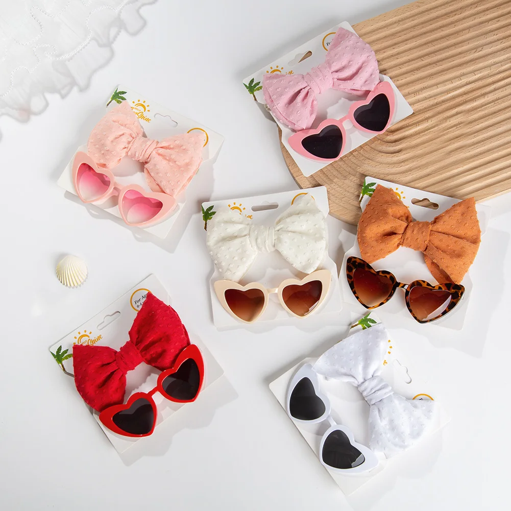 

6Sets/Lot Retro Heart Shape Baby Sunglasses & Headbands Set Swiss Dots Nylon Hair Bands Kids Sun Glasses Kids Big Bow Headwraps