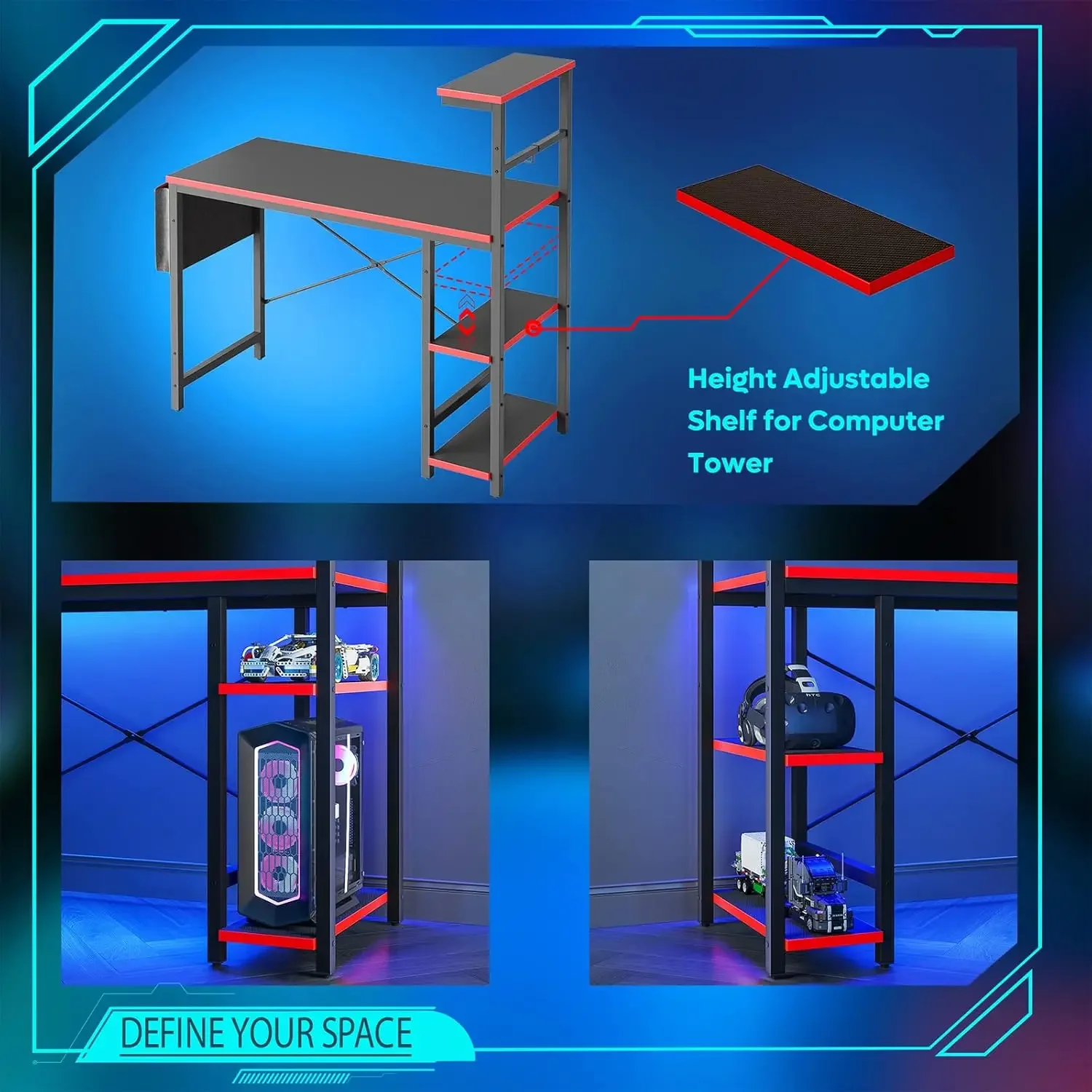 Gaming Desk with LED Lights, 44 Inch PC Gamer Desk for Small Spaces, Computer Desk with Reversible Storage Shelves 6