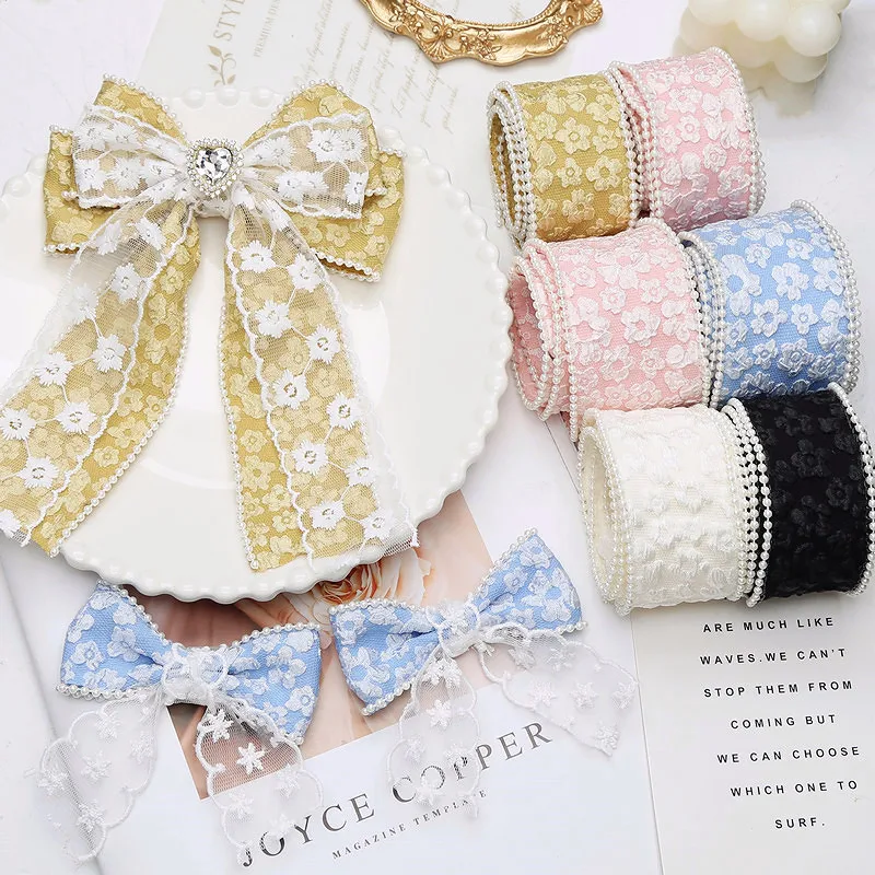 2m 40mm 50mm Vintage French Embossed Flower Ribbon Pearl Edge Bow Ribbons  For Hair Clips Diy Handmade Material