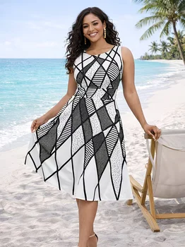 Women Summer Elegant Plus Size Sleeveless Round Neck Midi Geometric Print Beach Cover Up With Pockets Swing Dress