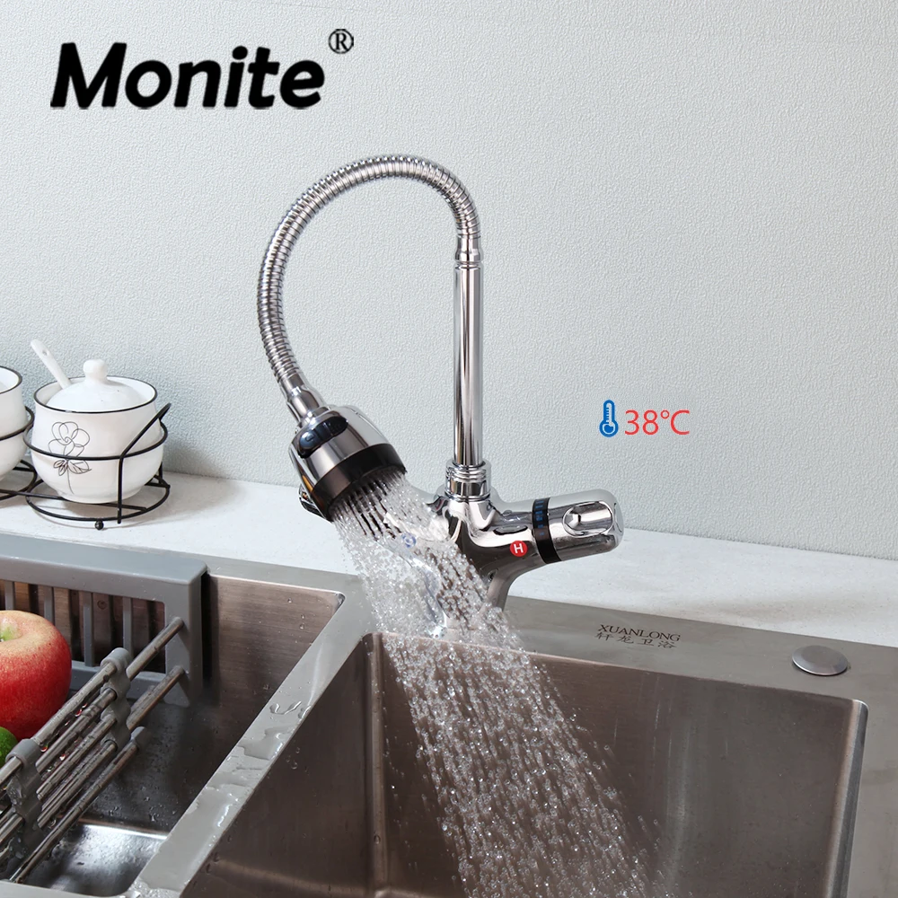 Monite-torneira Pia da Cozinha Chrome Terminou Precipitação e Coluna Bico Giratório de Água Deck Mount Controle Termostático Lavatório Mixer Tap