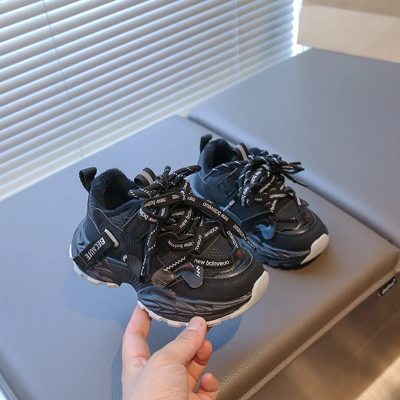 Winter Kids Fleece Walking Shoes Non Slip Thick Sole