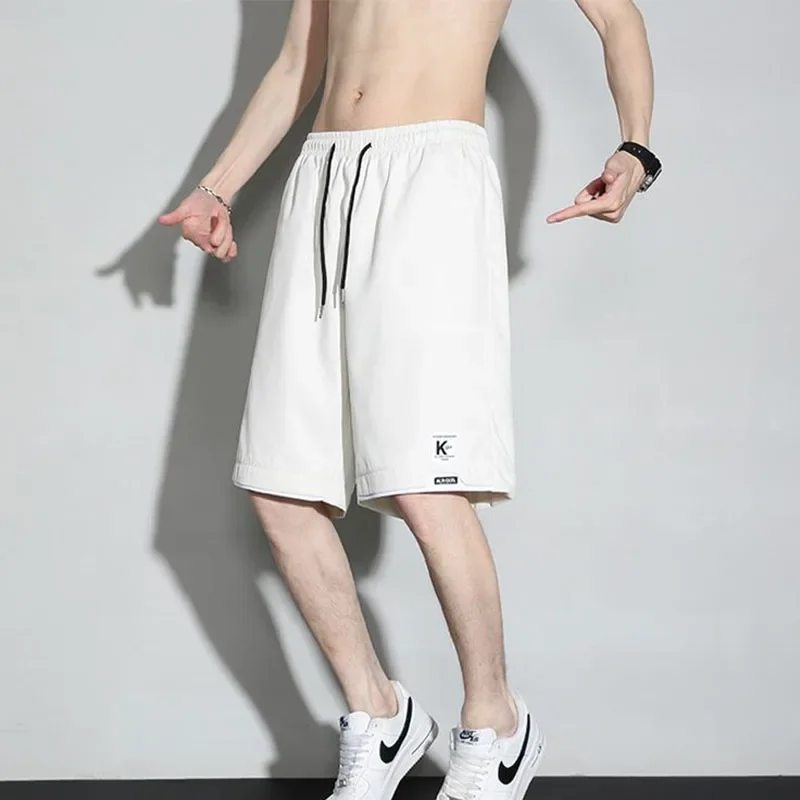 Summer Casual Versatile Loose Sports Shorts Men Panelled Elastic Waist Drawstring Patchwork Pockets Straight Five-Point Pants