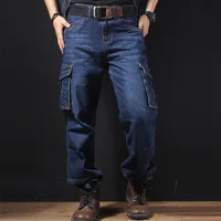 Mcikkny Men Cargo Casual Jean Trousers Multi Pockets Loose Style Motorcycle Denim Pants For Male Size 29-44 Straight 1