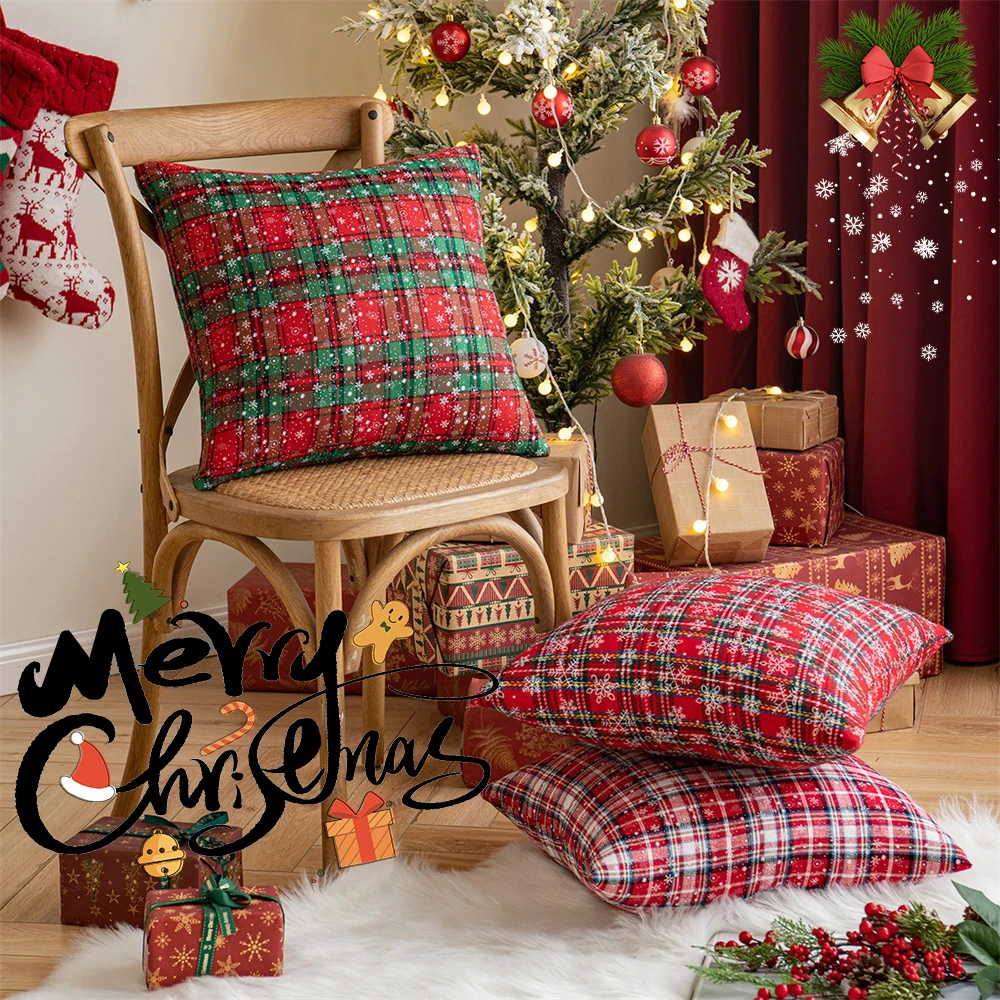 

Christmas Plaid Decorative Cushion Cover, Scottish Tartan Throw Pillow Cover for Farmhouse, Home Holiday Decor