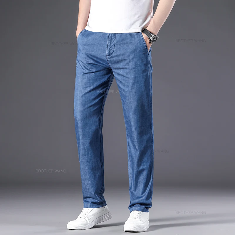 Summer Thin Men's Casual Straight Jeans Classic High Waist Ice Silk Drape Business Loose Denim Pants Black Blue Brand Trousers 3