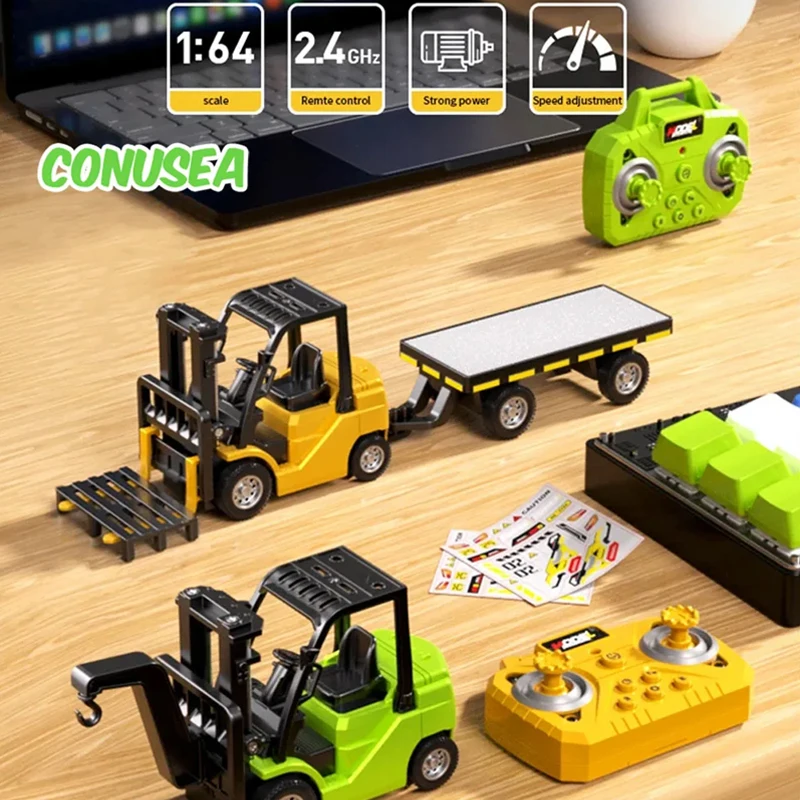 Camions élévateurs radiocommandés 1/64 en alliage, mini jouets de bureau, voitures radiocommandées 2,4 GHz, véhicules d'ingénieur, cadeaux de Noël pour garçons et adultes_voghion.com