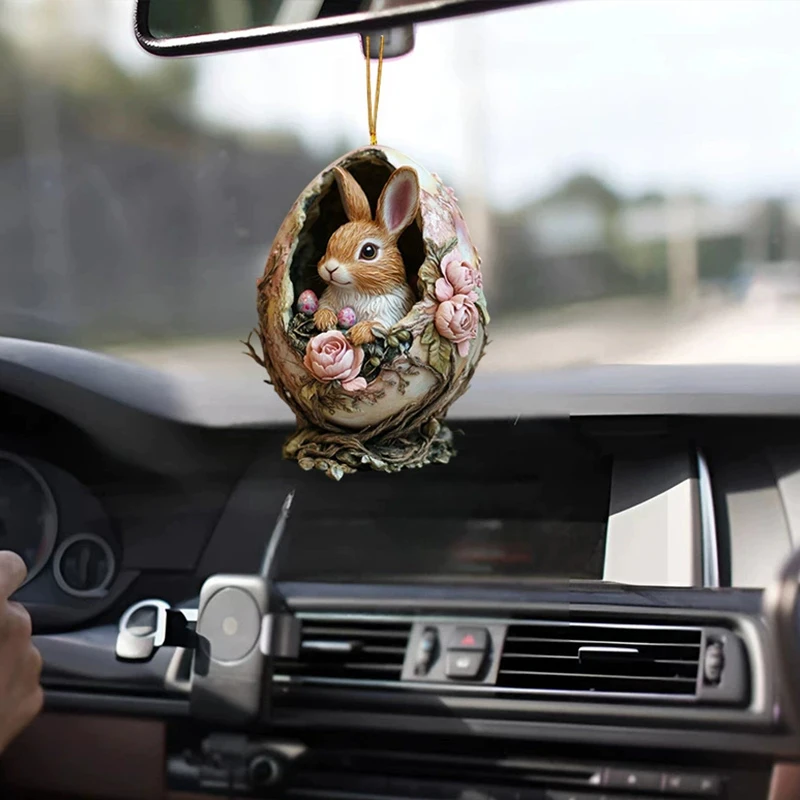 Easter Acrylic Rabbit Keychain With Egg 2D Cute Bunny Car Rearview Mirror Pendant Backpack Hanging Ornament Easter Party Decor 4
