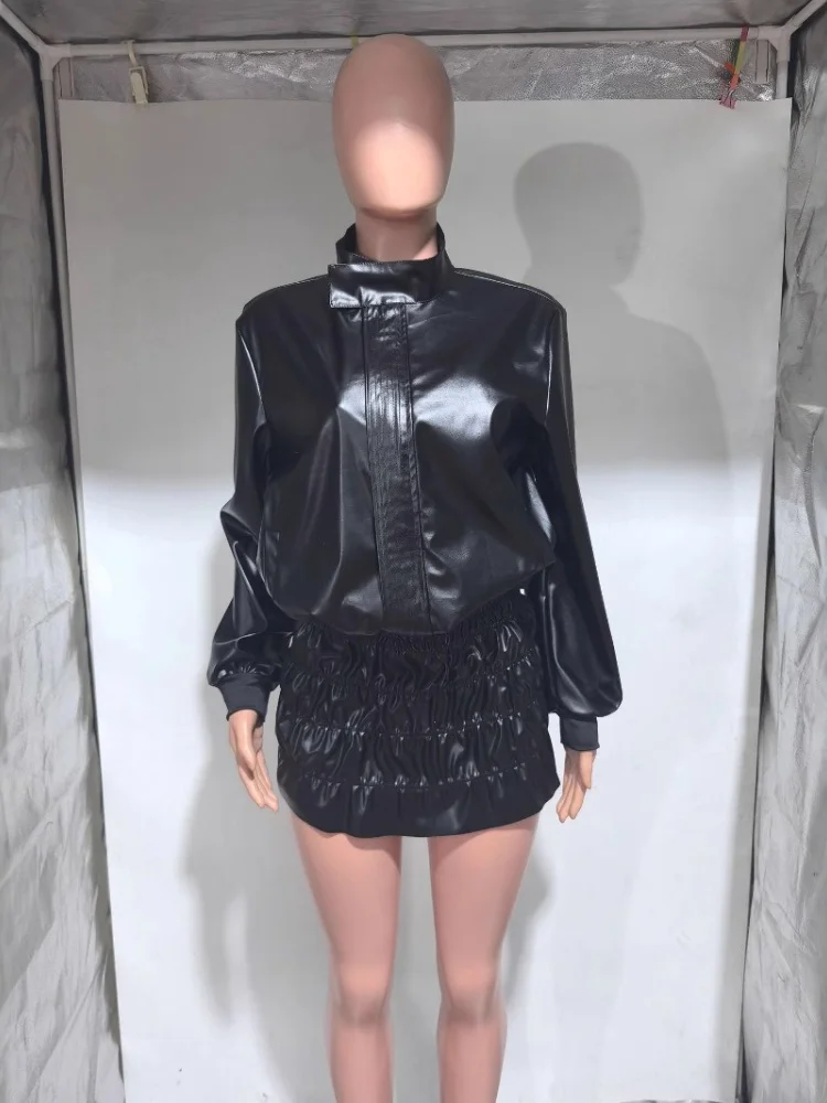 Wmstar Two Piece Set Wome Wholesale Autumn Winter Solid Color Long Sleeved Leather Casual Fashionable Anti Stand Up Collar Skirt