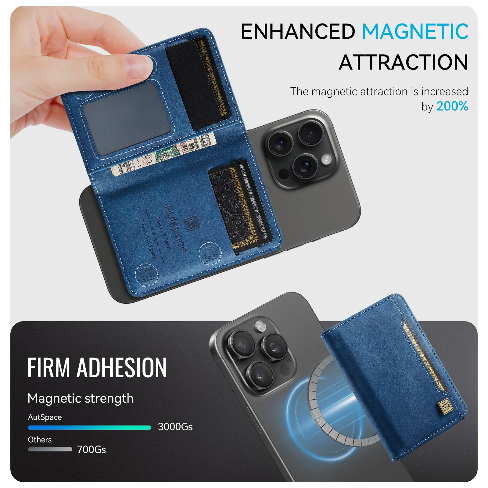 Detachable Magnetic Leather Wallet Phone Case with Stand and Card Holder