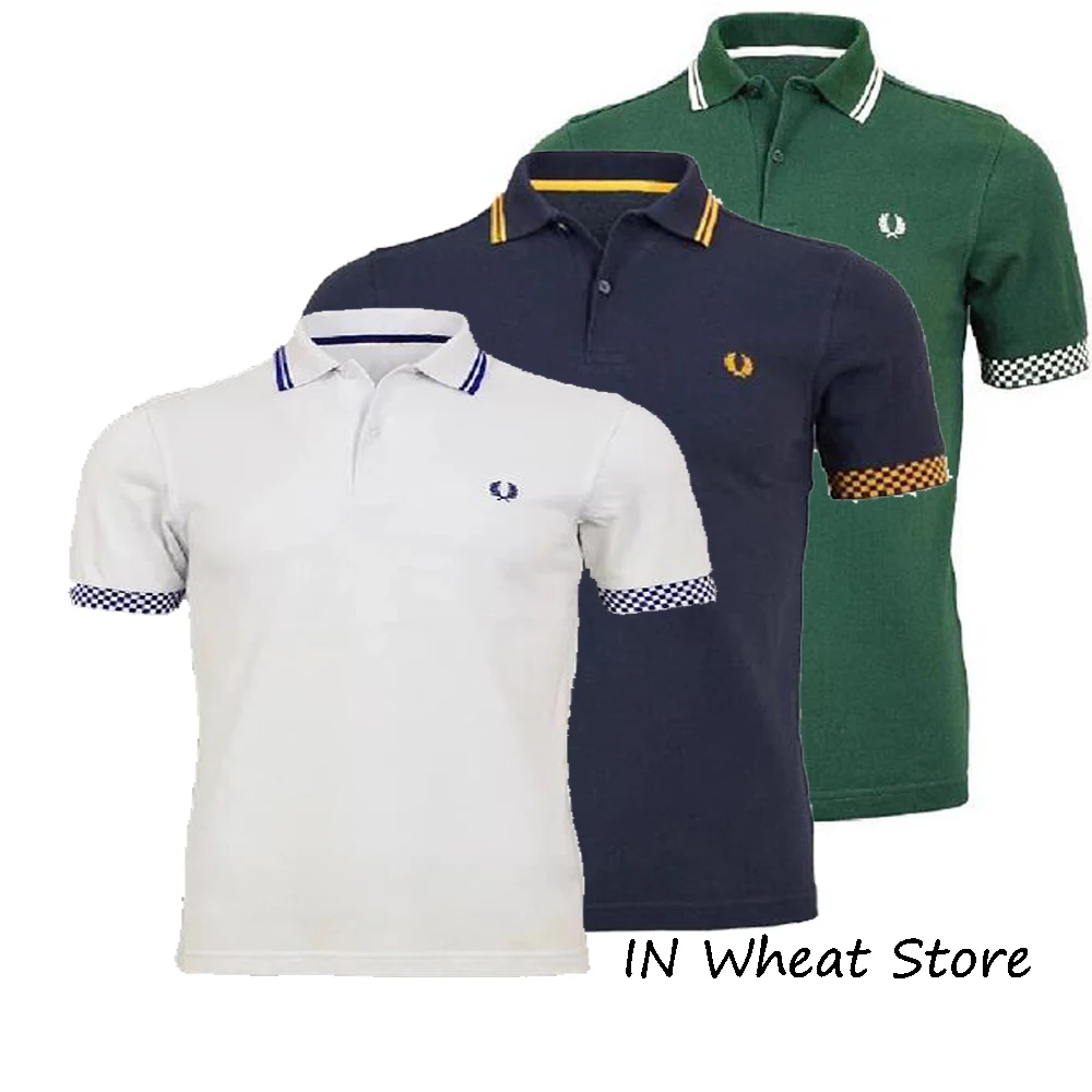 

New Spring/summer Wheat Embroidery Plaid Sleeve Cotton Premium Men's Top Business Casual Shirt Collar Golf Polo Shirt For Men