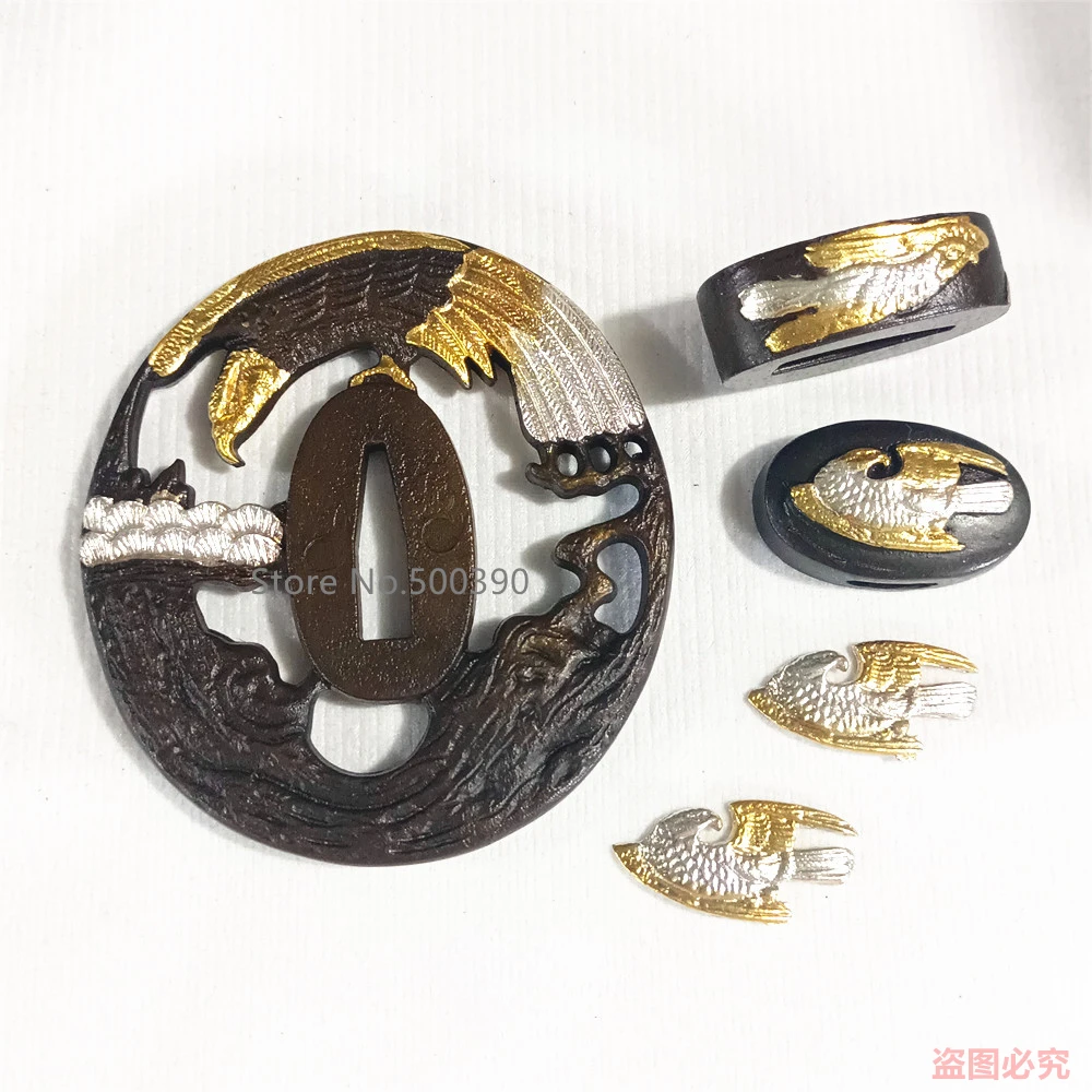 

Tsuba Set Fuchi Kashira Menuki Copper Carved Plated Gold Silver Fittings F Japanese Sword Samurai Katana Guard Eagle Character