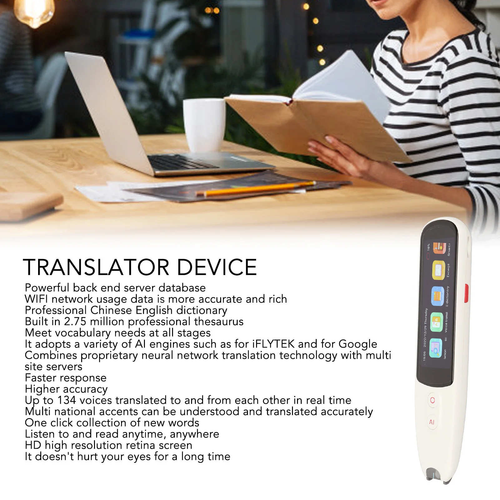 Translator Device Language Translator Pen 3.0 inch Real Time High Accuracy 134 Languages for Meeting for Learning