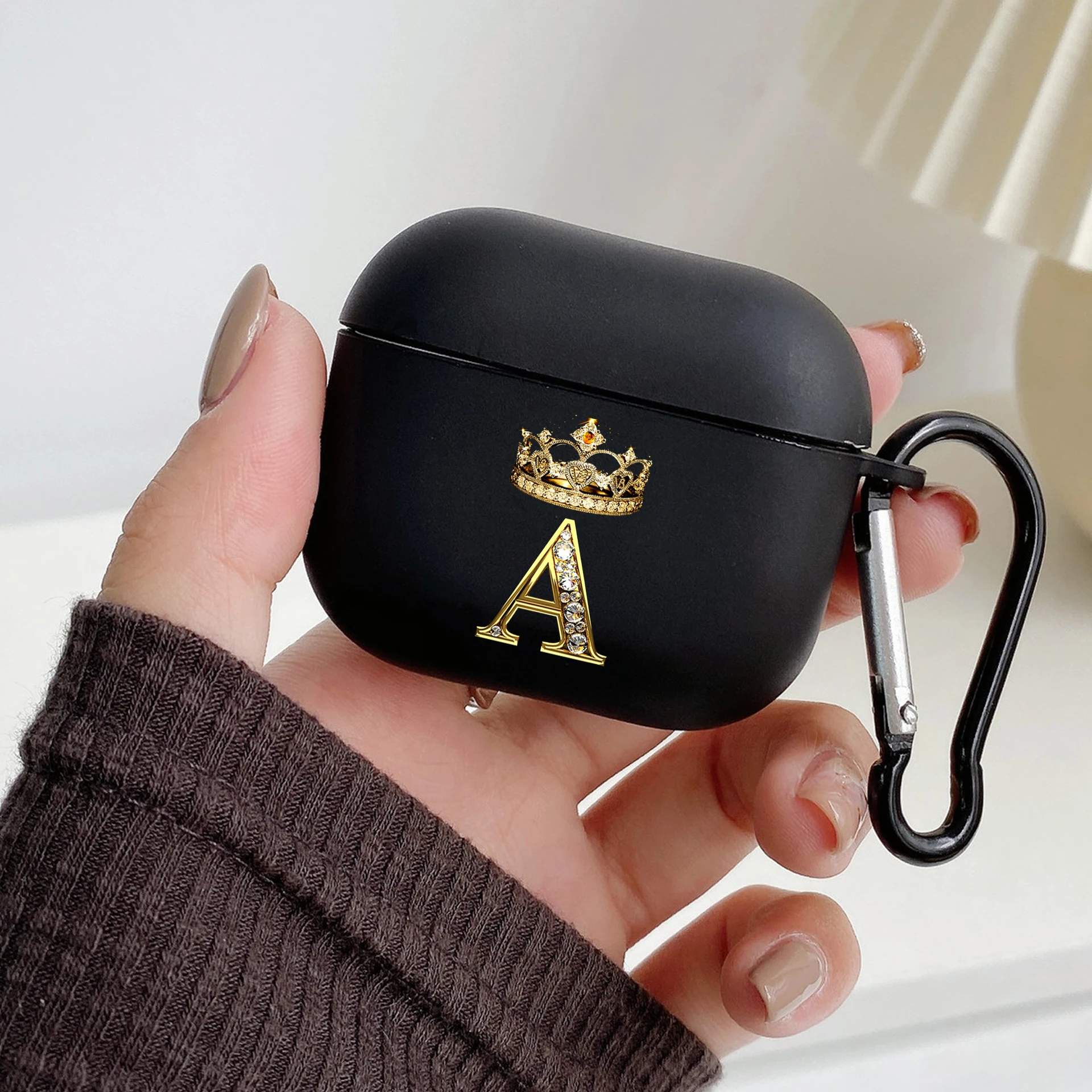 Diamond Crown Letter Hook Case - Black TPU Soft Earphone Cover