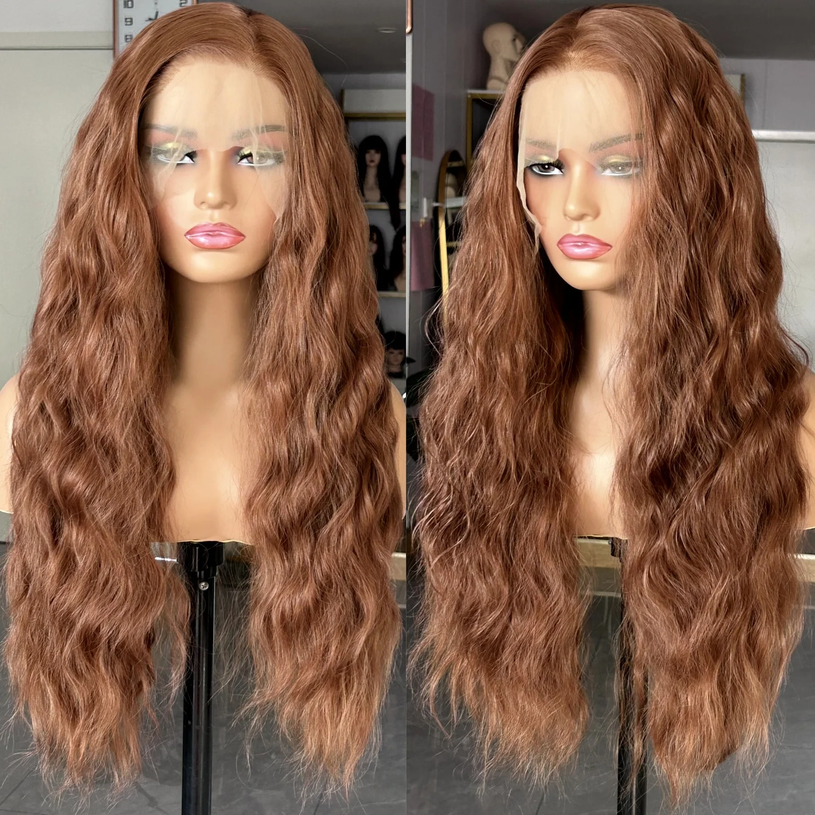 Lace Front Wig Synthetic Hair Wigs Ginger Brown Wig Deep Wave Synthetic Lace Front Wig Natural Wavy Long Curly Auburn Colored Hair 13X4 Frontal Wigs for Women