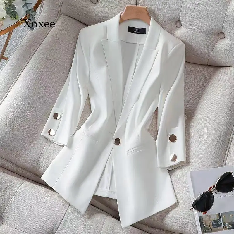 

Женский офисный Блейзер, элегантный пиджак в Корейском стиле, тонкий пиджак с рукавом до локтя, повседневный деловой костюм для работы, лето 2022