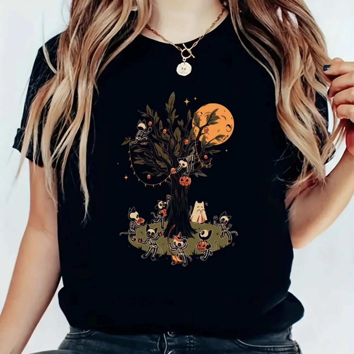 

Футболка с рисунком на Хэллоуин Женская Повседневная стильная модная одежда с коротким рукавом женская универсальная черная футболка