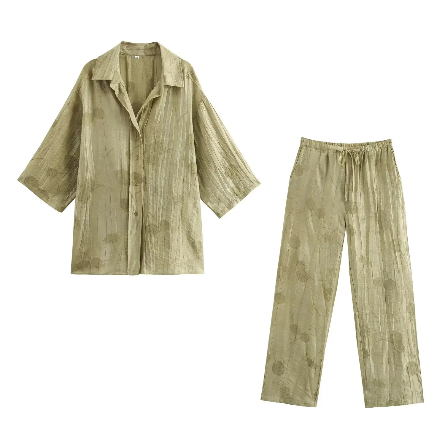 Women's Two-Piece Pants Suit Set - Lapel Half Sleeve Jacquard Shirt