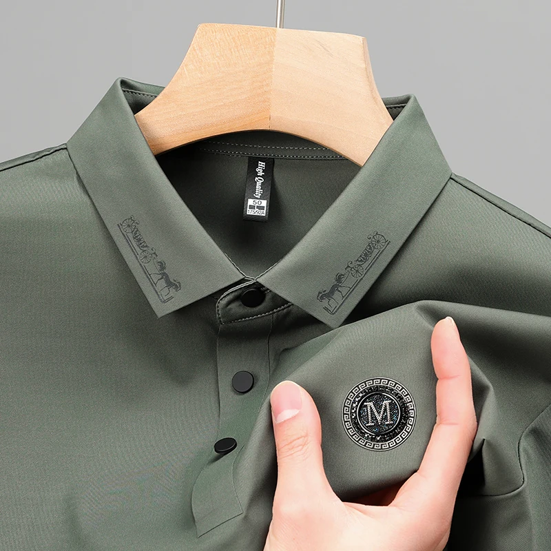 

High End designer Ice Silk Men's Polo Shirt 2023 Summer Lapel Embroid Print Short Sleeve British Trend Fashion Casual Clothing