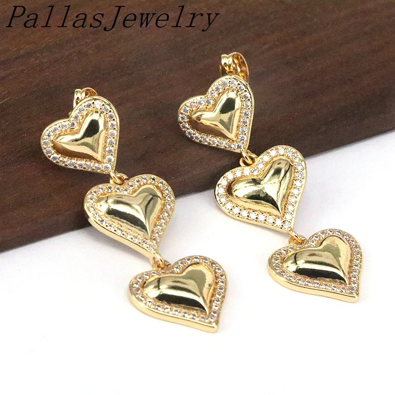 

5Pairs,Gorgeous Fashion Party Jewelry 18k Gold Plated Zircon Three Heart Dangle Drop Earrings For Women Wedding Jewelry