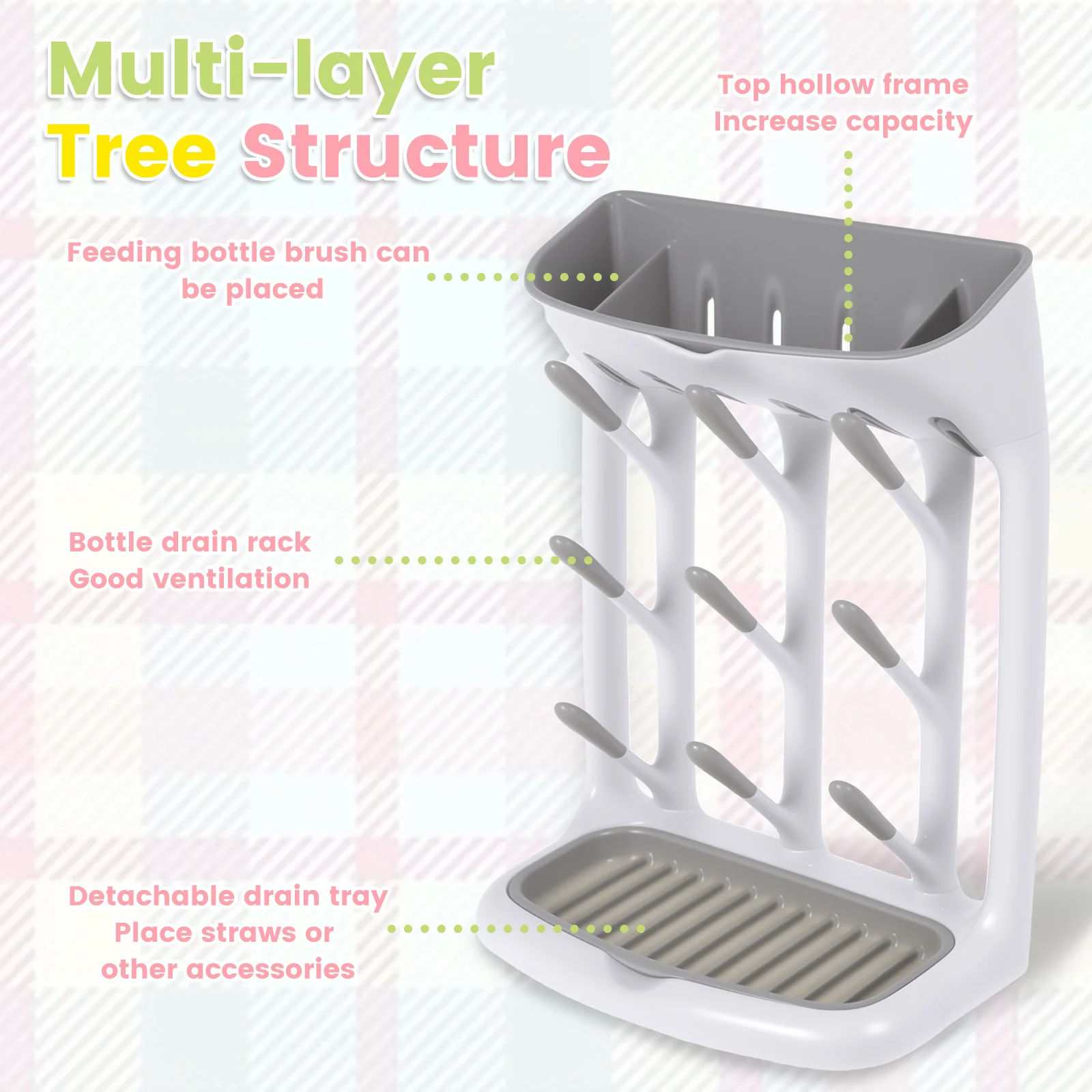 Babyflaschen-Trockenständer, platzsparender Arbeitsplatten-Organizer mit abnehmbarem Tablett, Mehrzweckhalter für Babyflaschen, Becher und mehr – Detail 4